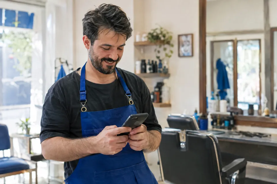 Mavi önlüklü bir kuaför, salonunda telefonuna bakıyor.