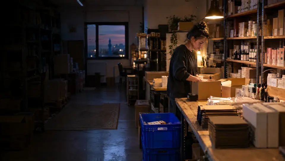 Akşam saatinde küçük bir e-ticaret deposunda sipariş hazırlayan bir satıcı.